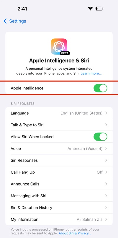 Apple Intelligence toggle