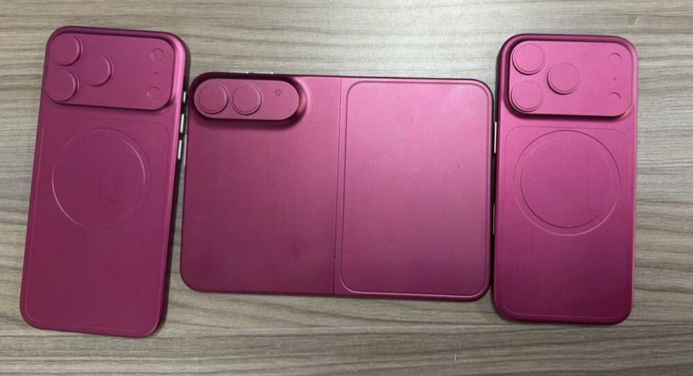Dummy models of the iPhone 18 Pro, iPhone 18 Pro Max, and Apple’s rumored foldable iPhone shared by Sonny Dickson.